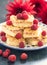 Raspberry pie cut into stacked pieces and garnished with raspberry berries