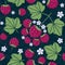 Raspberry seamless pattern. Raspberries with leaves and flowers on shabby background. Original simple flat illustration.