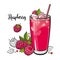 Raspberry summer cool drink with fresh ripe fruits and ice in glass in sketch style.