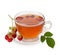 Raspberry tea. Black tea hot drink in glass Cup with saucer and healthy red raw raspberry berry and leaf isolated on white