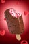 Raspberry vanilla ice cream covered with chocolate on a stick on a red background with some raspberries falling down, 3d illustrat