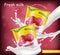 Raspberry yogurt Vector realistic. Product placement mock up. Fresh yogurt splash with fruits. Label design. 3d detailed