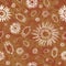 Raster ethnic and tribal motifs seamless pattern background. Earthy painterly backdrop with sun, star symbols, feathers
