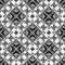 : Raster geometric ornament. Black and white seamless pattern with star shapes, squares, diamonds, grid, floral silhouettes. Simpl