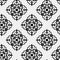 : Raster geometric ornament. Black and white seamless pattern with star shapes, squares, diamonds, grid, floral silhouettes. Simpl