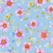 Raster illustration. Seamless pattern with pink flowers on a blue background. Watercolor drawing for printing on paper, fabric