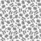Raster seamless floral outline pattern in doodle style, black and white, contour bell flower and corolla decorative flowers