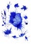 Raster set of blue watercolor blots. Isolated elements .