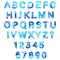 Raster set with the effect of aging and scuffs on a white background. Blue capital letters of the Latin alphabet.