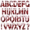 A raster set of textured capital letters of the Latin alphabet, exclamation and question marks. Red-black-and-white texture.