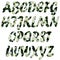 Raster set of textured letters of the Latin alphabet. Natural floral texture, stroke. White flowers, green leaves on dark.