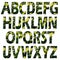Raster set of textured letters of the Latin alphabet. Natural floral texture, stroke. Yellow tulips, green leaves on dark.