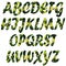 Raster set of textured letters of the Latin alphabet. Natural floral texture, stroke. Yellow tulips, green leaves on dark.