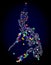 Raster Wire Frame Mesh Map of Philippines with Glowing Spots for Christmas