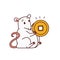 Rat Chinese new year symbols. Cute mouse holds lucky charm feng shui coin vector outline cartoon isolated illustration.