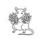 Rat with flowers in hand Chinese new year symbol. Cute mouse vector outline cartoon black white isolated illustration.