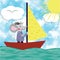 Rat or mouse sails on the boat in the sea or ocean, blue sky with sun, clouds and birds on background