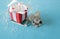 A rat pulls a sled with a red gift box with a white ribbon on a blue background. Christmas background. Christmas and New Year