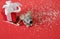 A rat pulls a sled with a red gift box with a white ribbon on a red background. Christmas background. Christmas and New Year