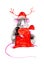 Rat symbol of the New 2020 in the red hat of Santa Claus with Christmas deer antlers holding a bag of gifts. Watercolor