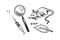 Rat and syringe and magnifying glass. Chemical laboratory experiments. Mouse in medical biological research. Outline
