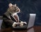 Rat wearing business suit working on laptop sitting at desk. Generative AI realistic illustration