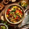 Ratatouille, Vegetarian stew made of zucchini, eggplants, peppers, onions, garlic and tomatoes with addition of aromatic herbs, to