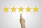 Rate. 5 stars. Hand click on five yellow stars to increase rating. Customer reviews, rating, classification concept.