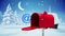 At the rate sign coming put of red mailbox against snow falling over winter landscape