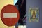 Rather surrealist composition with a No Entry sign and a religious image