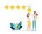 Rating of customer reviews. Positive online review, product or service rating. The young family gives a five-star rating. Flat
