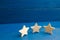 The rating of the hotel, restaurant, mobile application. Three stars on a blue background. The concept of rating and evaluation.