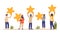 Rating star. Customers review, people holding feedback five stars. Isolated diverse multicultural men women vector