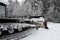 Ratrac. Ratrack, snow grooming machine prepares slopes for skiers on a ski resort in mountains. Ratrac machine for skiing slope pr