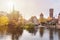 Ratsmuhle or old water mill and Wasserturm or water tower on Ilmenau river in Luneburg. Germany