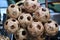 Rattan ball hanging in a bunch. In Myanmar called â€œchinloneâ€ and in Thailand called â€œTakraw