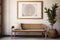 Rattan chair near wooden bench and poster frame on beige wall. Boho interior design