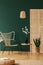 Rattan chandelier above wicker chair next to wooden table with black glass vase with cotton flower, copy space on the empty green