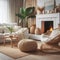 Rattan lounge chair, wicker, pouf and white sofa by fireplace. Scandinavian