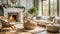 Rattan lounge chair, wicker, pouf and white sofa by fireplace. Scandinavian, hygge home interior design of modern living room