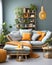 Rattan loveseat sofa with blue cushions and orange pillows and blanket. Scandinavian interior design of modern stylish living room