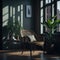 Rattan Wood Cozy Armchair in Resting Place Interior room, Large Window with Sunligh, Lots of Pot Plants, Wood Parquet Generative