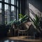 Rattan Wood Cozy Armchair in Resting Place Interior room, Large Window with Sunligh, Lots of Pot Plants, Wood Parquet Generative