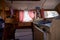 RATZEBURG, GERMANY - JUNE 2, 2019: Inside the Opel Blitz, small truck converted into a camper van with lifting roof, a classic