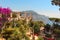 RAVELLO, ITALY - July 2019: Colourful Italian garden in Ravello, Italy, overlooking the sea off the Amalfi coast.