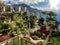 Ravello, Italy, September 7, 2018: Picture postcard with terrace with flowers in the garden Villas Rufolo in Ravello. Amalfi Coast