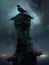 A raven croaks from the top of a tall looming tower its haunting call echoing through the night. Gothic art. AI