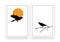 Raven silhouette flying on sunset and raven bird on branch, vector
