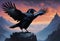 Raven sitting on rock in the sunset. Generative AI