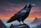 Raven sitting on rock in the sunset. Generative AI